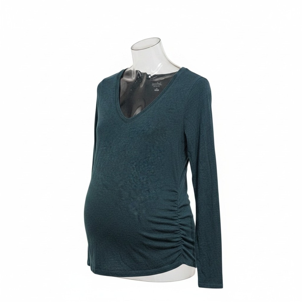 Isabel Maternity Long Sleeve Top Teal Ruched V-Neck Heathered - XS